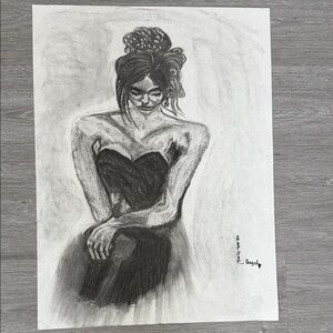 Charcoal Drawing of Woman in Black Dress